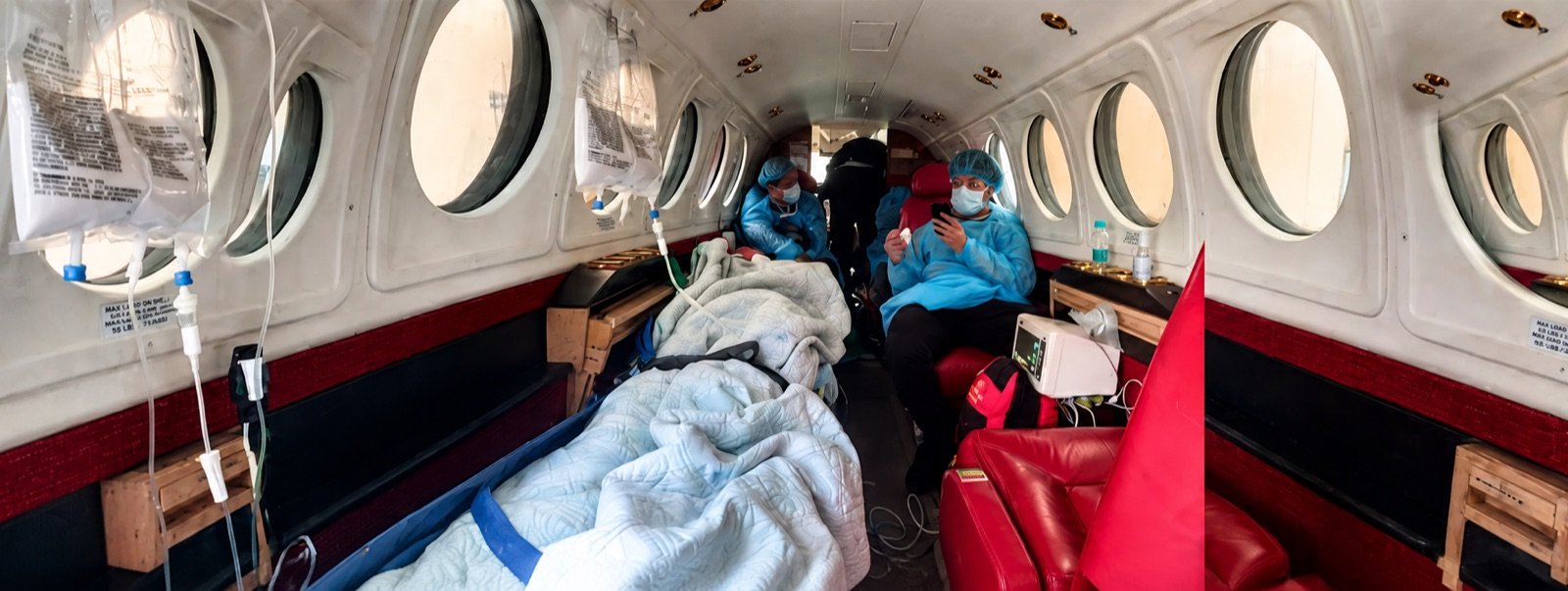Stretcher-configured cabin ready for a medical transfer